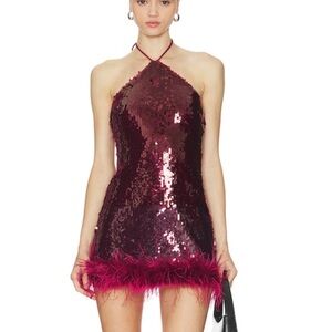 Sequin Halter Dress with Feather Trim